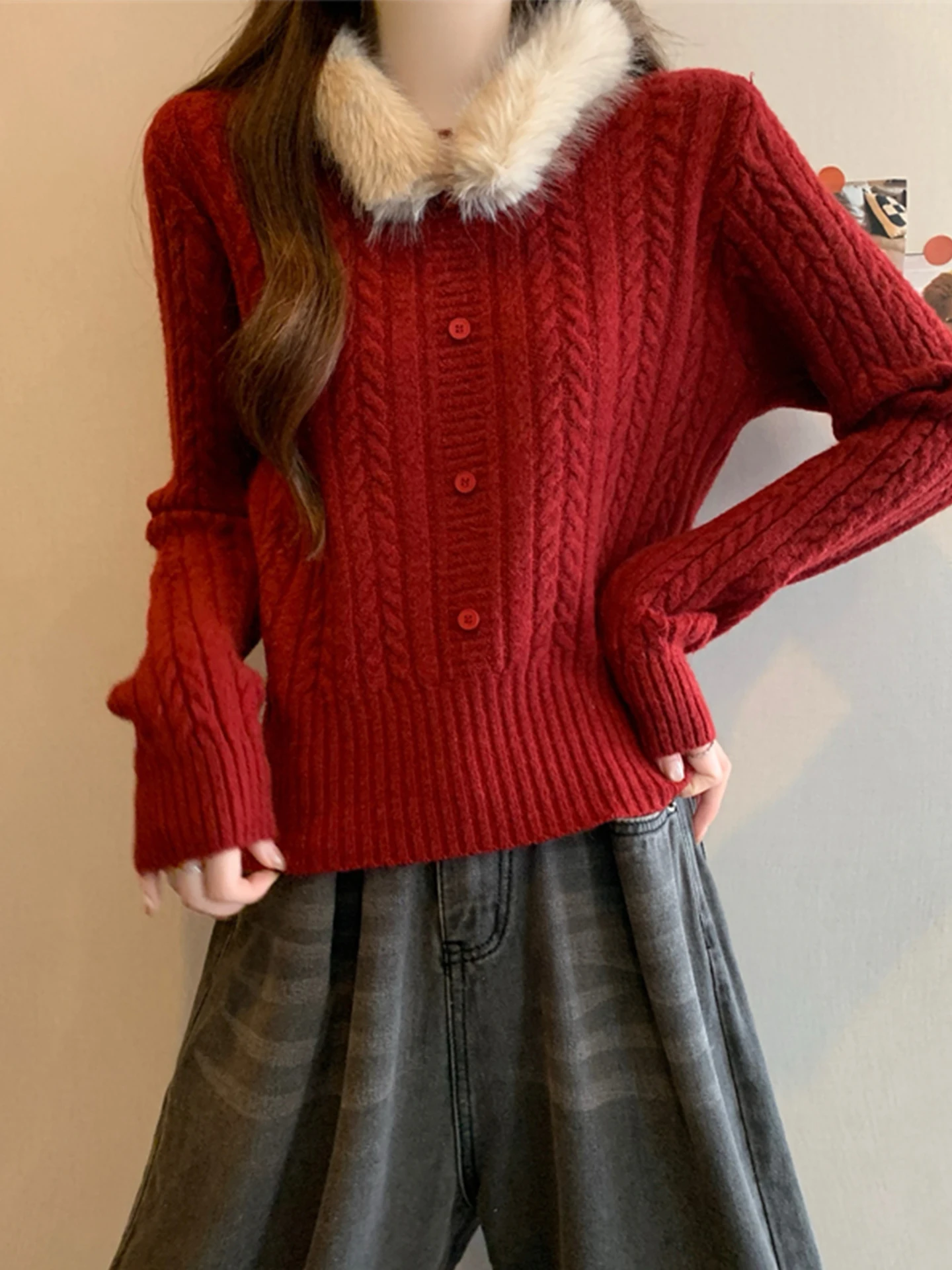 

Новогодний красный вязаный свитер женский зимний, новый дизайн, с воротником из меха, модный, для ношения под одеждой, трендовый