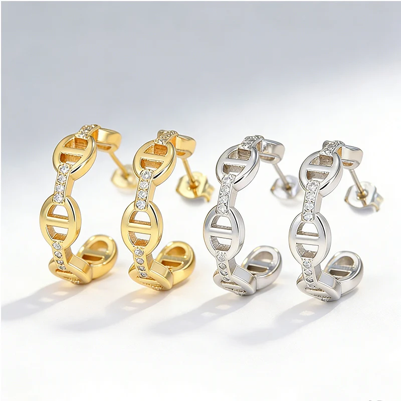 18K Gold Plated Pig Nose Chain Hoop Earrings | AAA Cubic Zirconia | Anti-Allergy | Minimalist Luxury Jewelry for Women Gifts