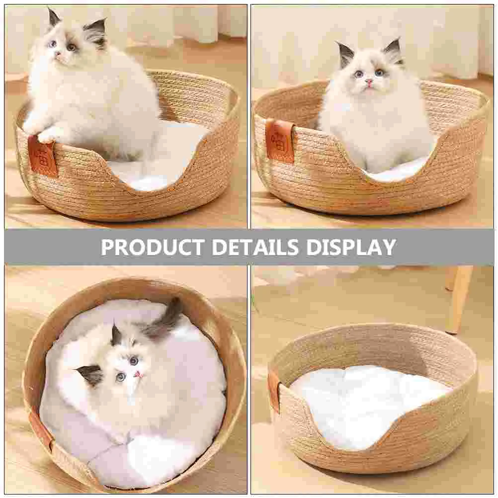 Woven Straw Cat Bed Sleeping Nest Basket Breathable Cat House Cooling Bed Kitten Small Dogs Puppy