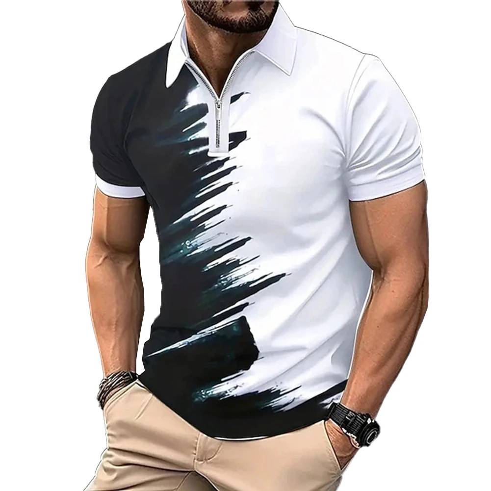 Male Short Sleeve Mens T Shirt Tops Vintage Wear-resistant Zip Business Collar Daily Durable Muscle Skin-friendly