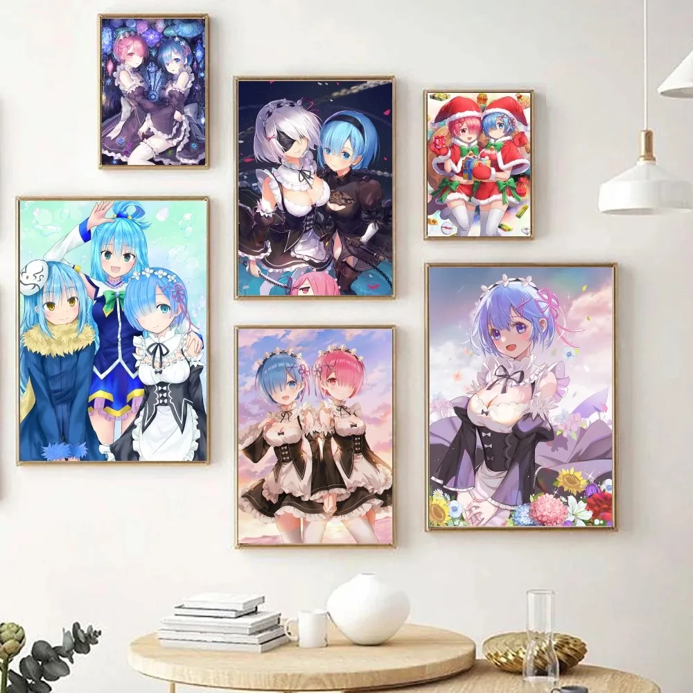 Re: Zero Rem Ram Anime Poster Sticker Home Decor Hanging Paintings Suitable for Bedroom Living Room Cafe Entrance Indoor Wall