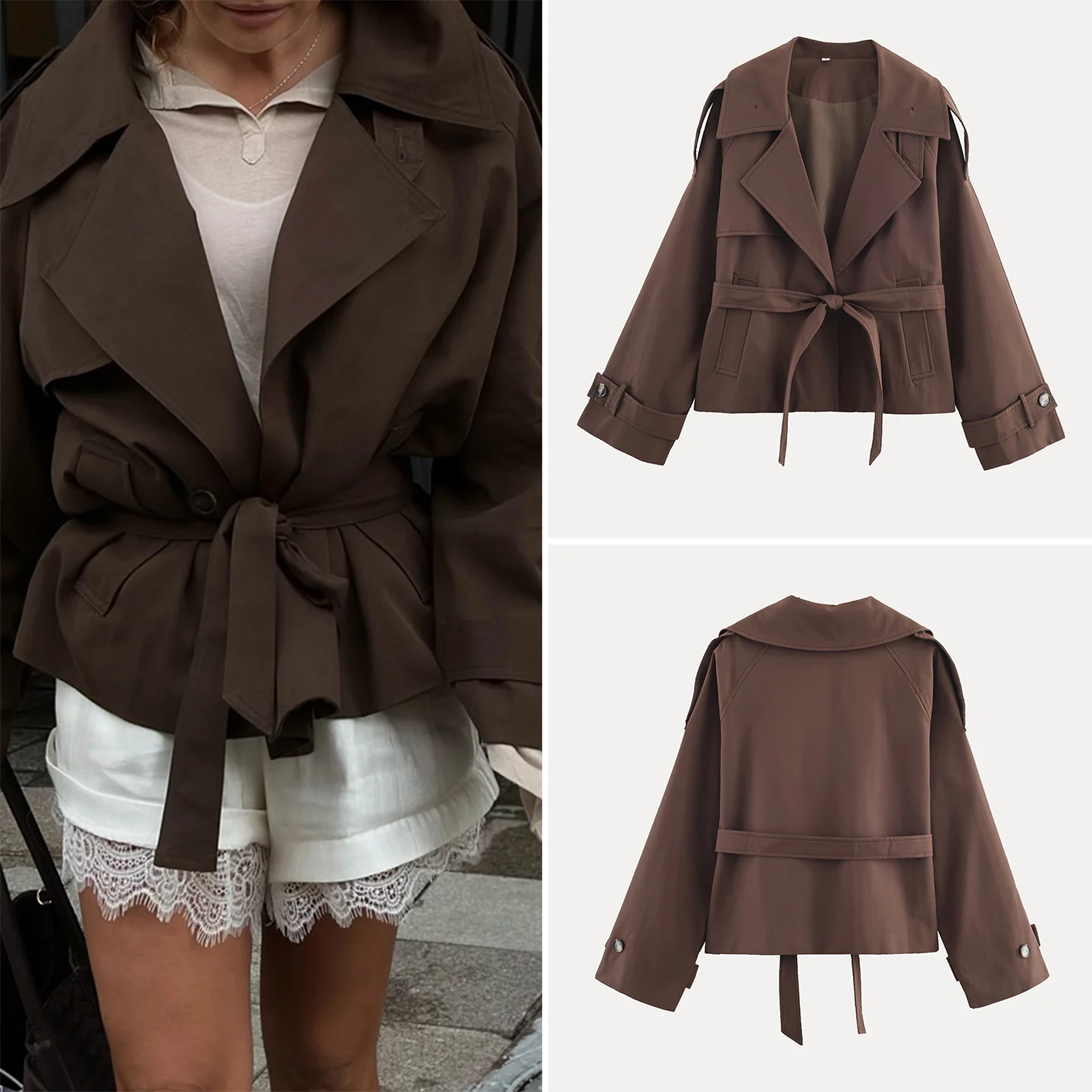 

Модная женская ветровка-куртка: простая, стильная, для повседневной носки, с воротником-стойкой, длинными рукавами и поясом.