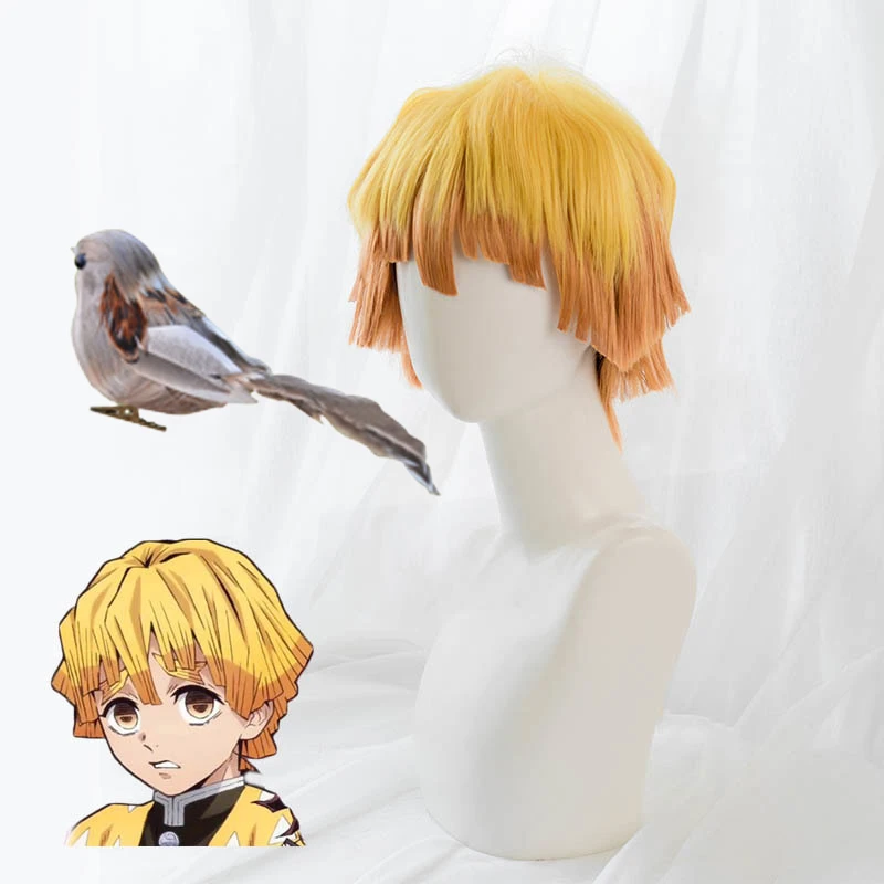 Zenitsu Agatsuma Wigs Golden Hair Sparrow Bird Anime Cosplay Costumes Headdress