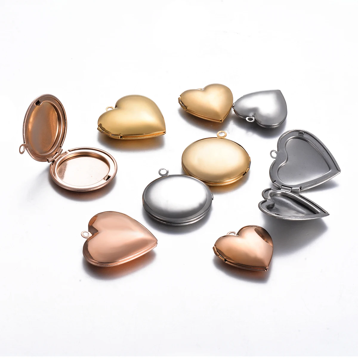 5pcs Mirror Polished Stainless Steel Round Heart Shape Photo Frame Locket Pendant DIY Charms Jewelry Making Accessories NO Fade