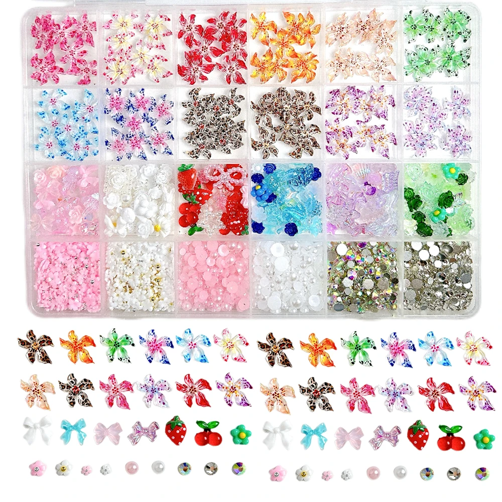 1 caja 3D de múltiples estilos, flores coloridas, decoraciones artísticas de resina para uñas, flores manchadas dulces, Mini diamantes de imitación, dijes para uñas mixtos DIY