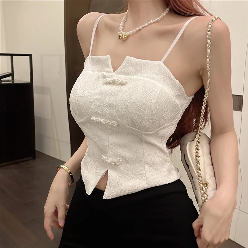 

Chinese Style Crop Top with Pad for Women Bustier Vest Short Top Summer Luxury Camis Female Tanks Built in Bra for Party Night