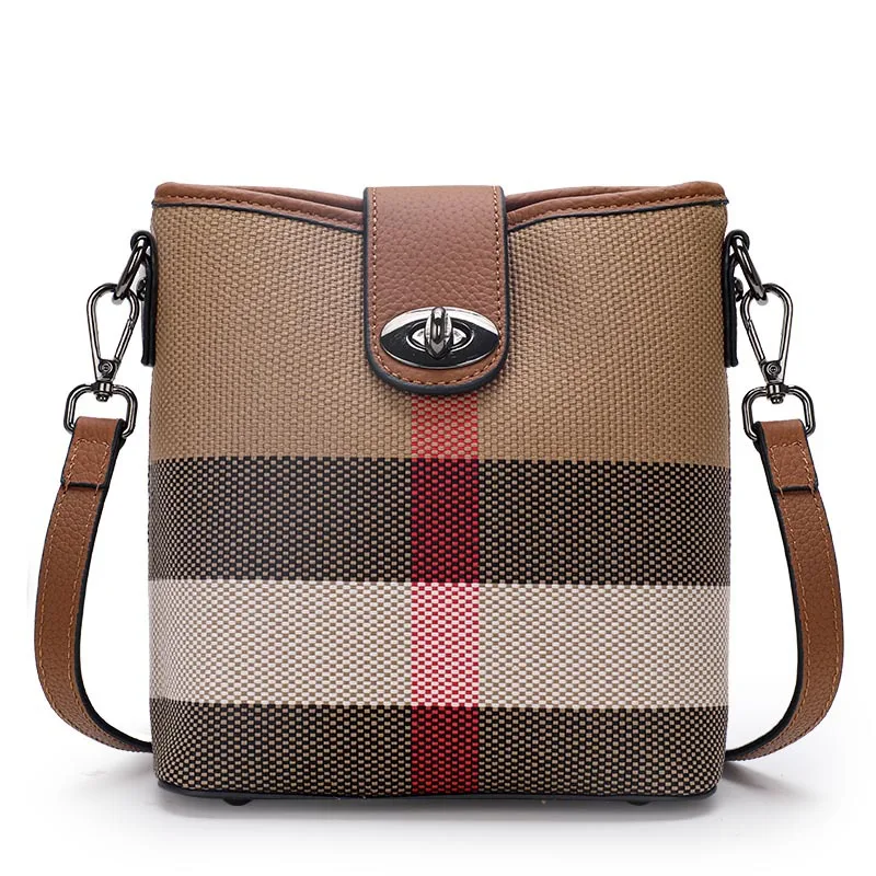 Leather plaid bucket bag 2024 new versatile, niche, high-end, single shoulder crossbody small bag for women