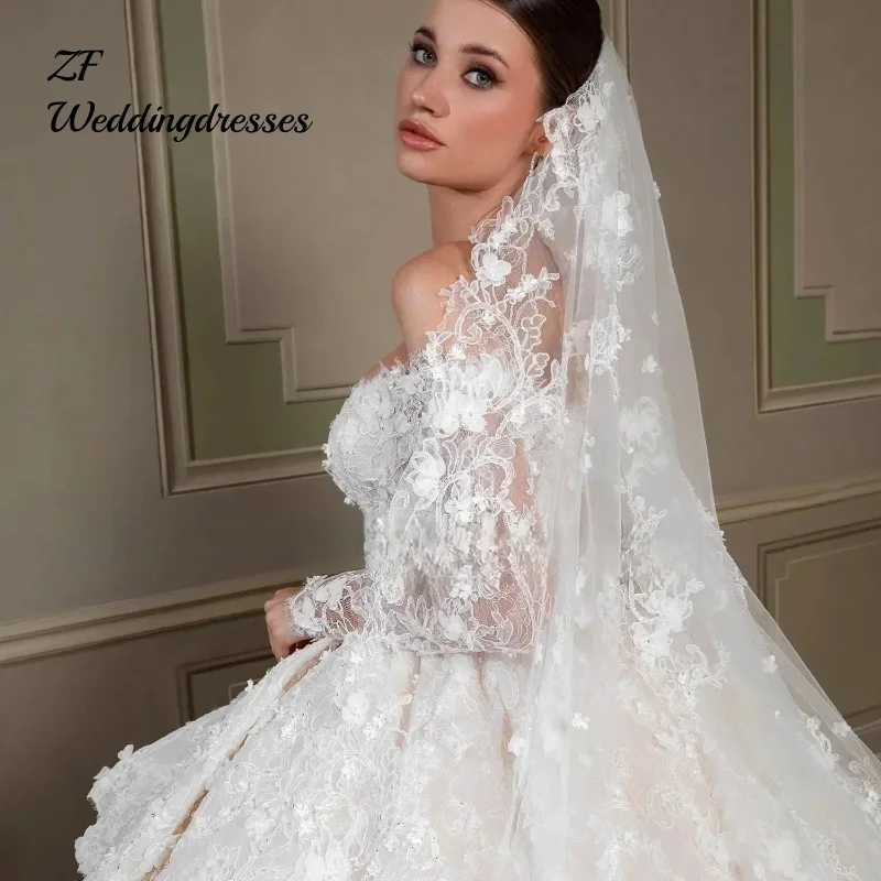 

Индивидуальные аппликации, великолепное кружевное бальное платье со шлейфом, свадебное платье, милое свадебное платье принцессы с длинными рукавами