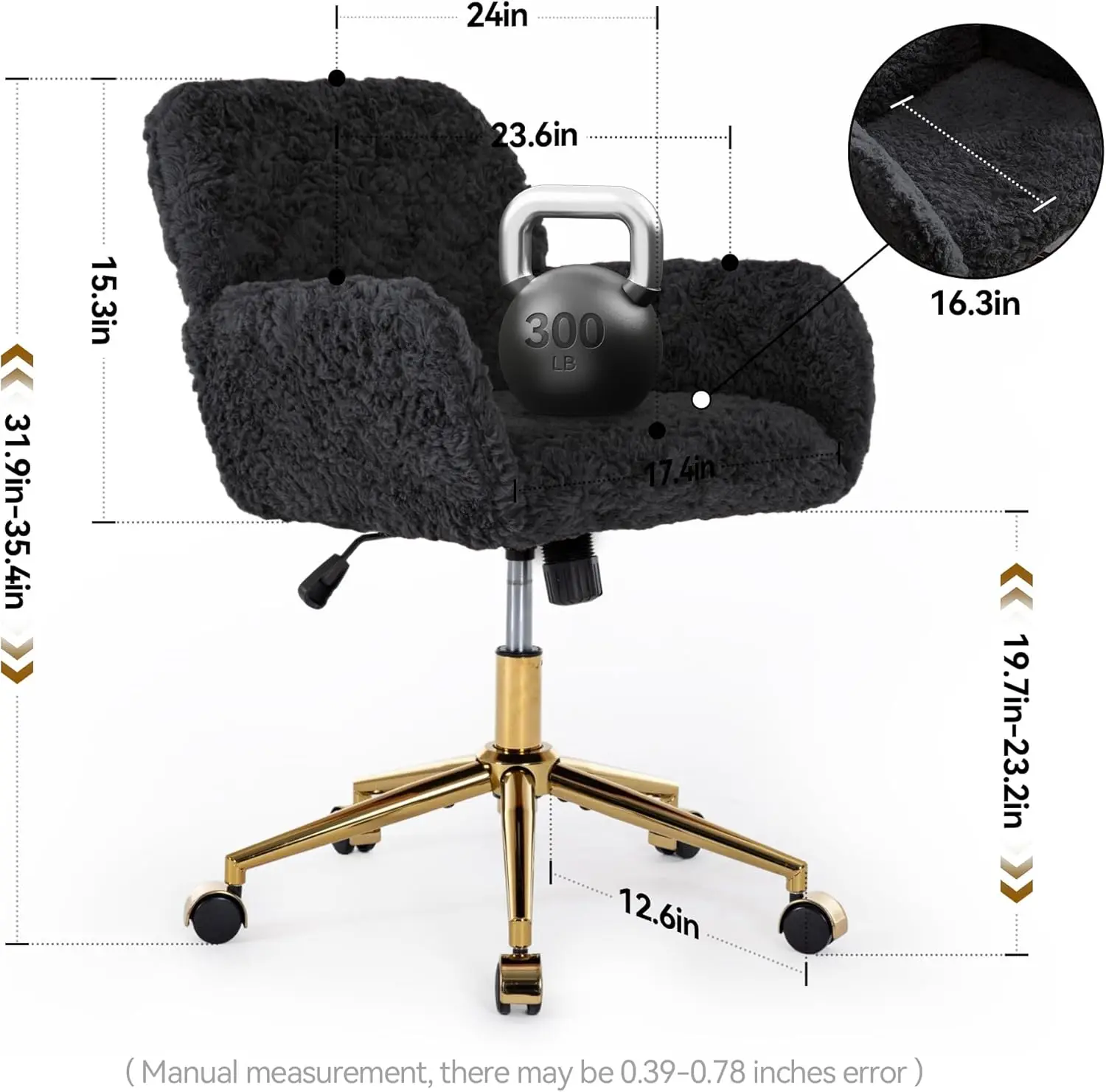 

Warmiehomy Furry Cute Office Chair Black Modern Swivel Desk Chair, Makeup Vanity Chair With Back, Alpaca Fleece Desk Chair With
