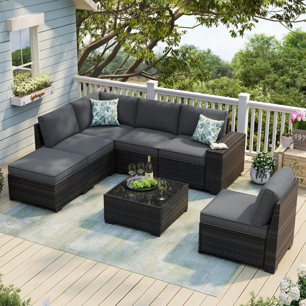 7 Pieces Patio Furniture Set, Outdoor Sofa with Waterproof Cushions, Rattan L Shaped Patio Couch amp Coffee Table, Modern Outdo