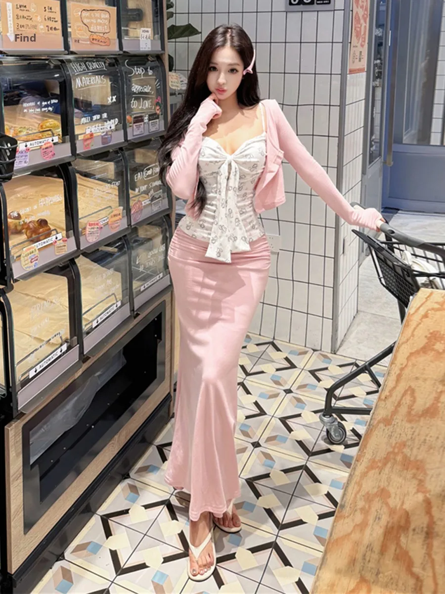 Pure Desire Sexy  Strap Design Belted Inner Sun Protection Cardigan Slimming Wrap Skirt Set Women's Fashion Ensemble