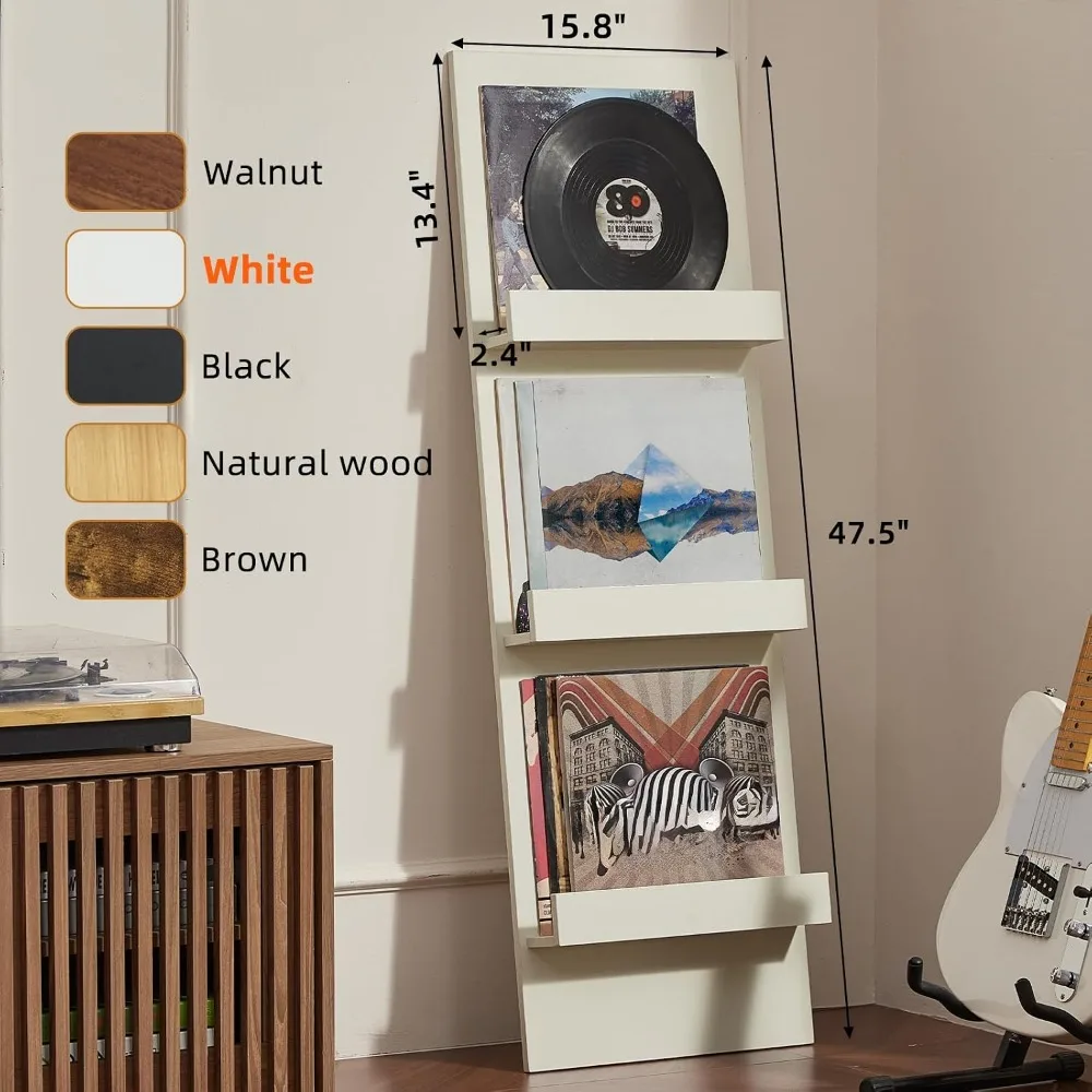 Wall-Leaning Vinyl Record Holder Set of 4, 3-Tier Shelf, 47.5'' Tall, Holds 120 Records/CDs, White
