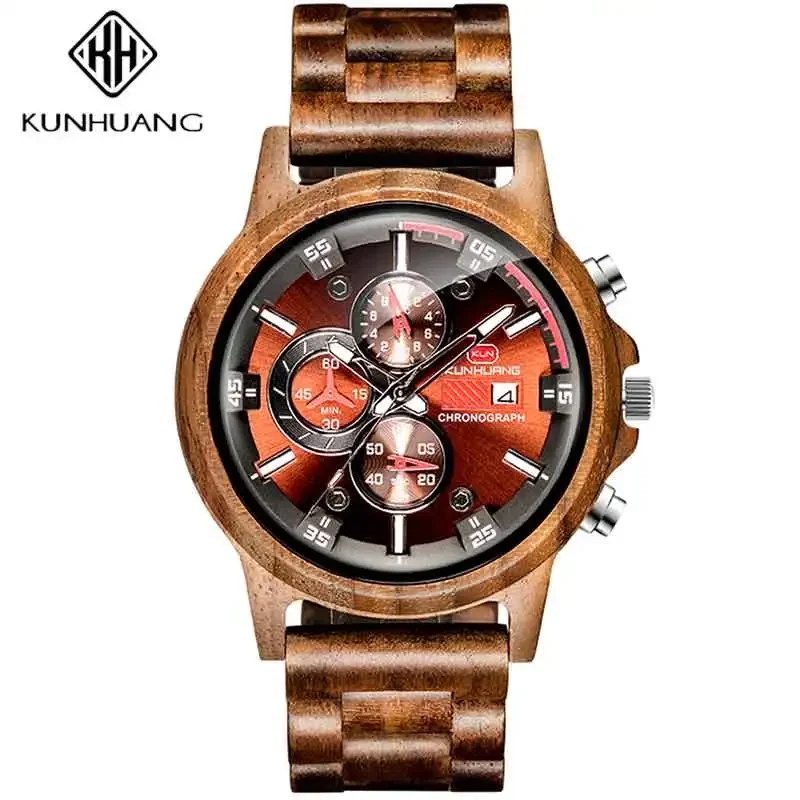 KUNHUANG Hot Sale Men's Quartz Watch Luxury High Quality Japan Movement Natural Wooden Handmade Watch Chronograph Wood Watch