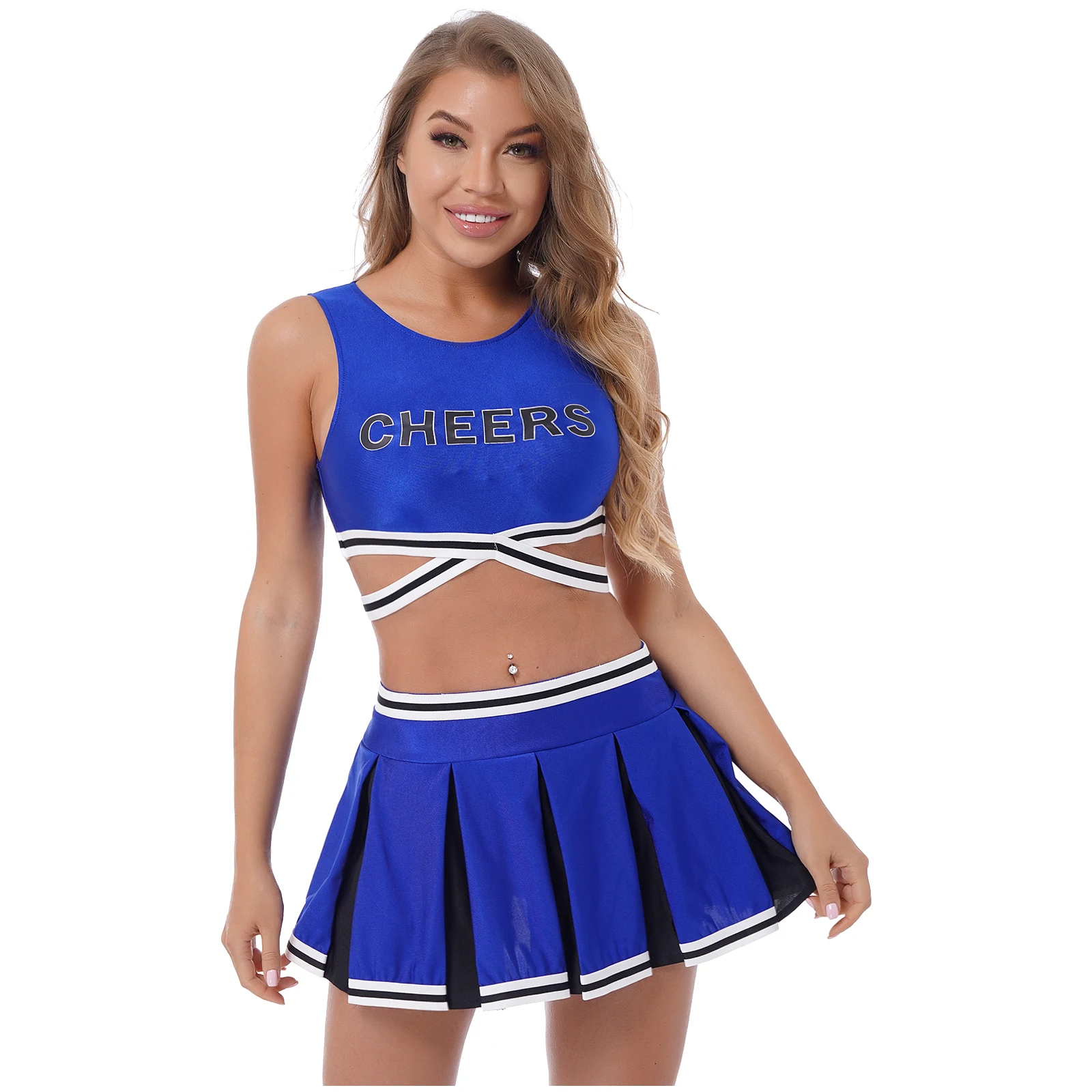 Women Adults Cheerleading Uniforms Cosplay Costume Cheerleader Outfit Crop Top with Pleated Skirts Team Sports Dance Performance