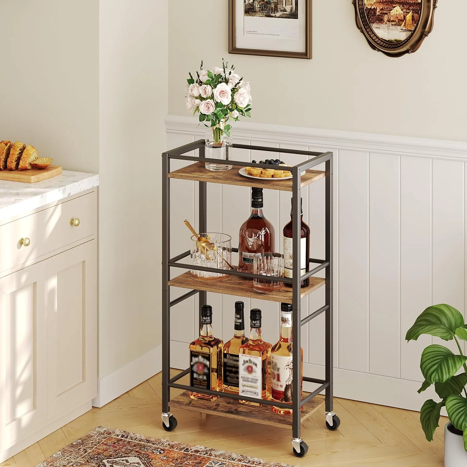 @！Tier Bar Cart for Home Kitchen Storage Island Serving Cart on Wheels Wooden Panel Trolley Rolling