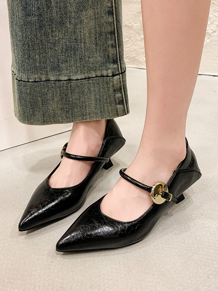 Elegant Sharp Toe Belt Buckle Thin Heel Four Season Women's Single Shoes Commute Work Shoes Fashionable French Style Ultra Fi...