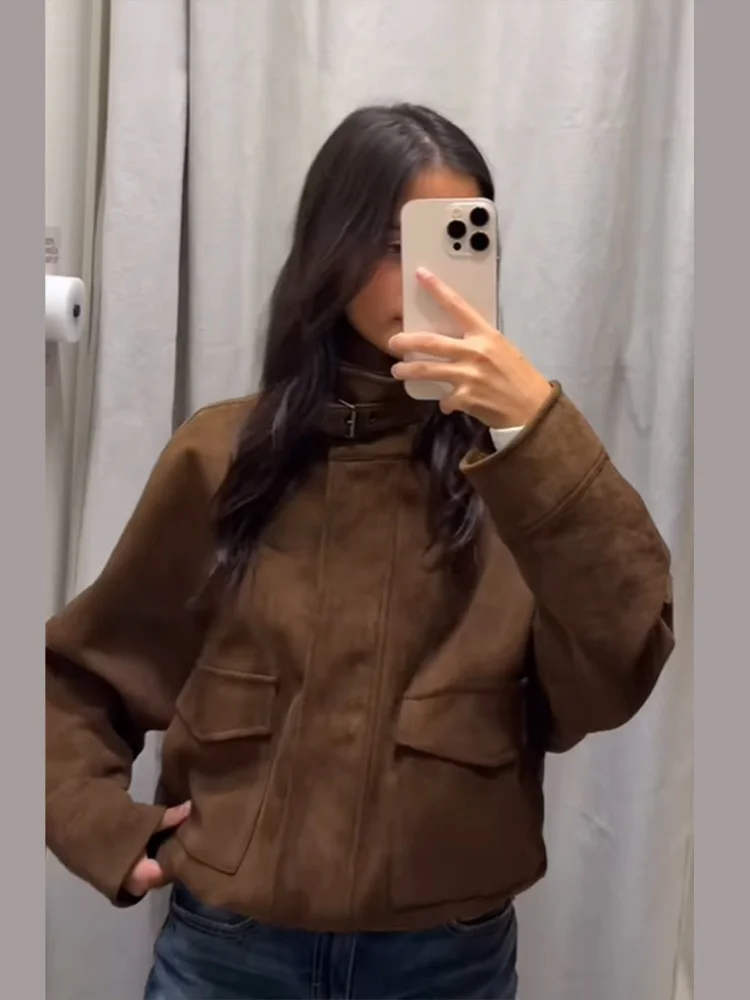Dames Vintage Chic Faux Suède Jas Jas Losse Opstaande Kraag Bijgesneden Bruin Herfst Winter Demi-seizoen Bovenkleding Vrouwelijke Outfit