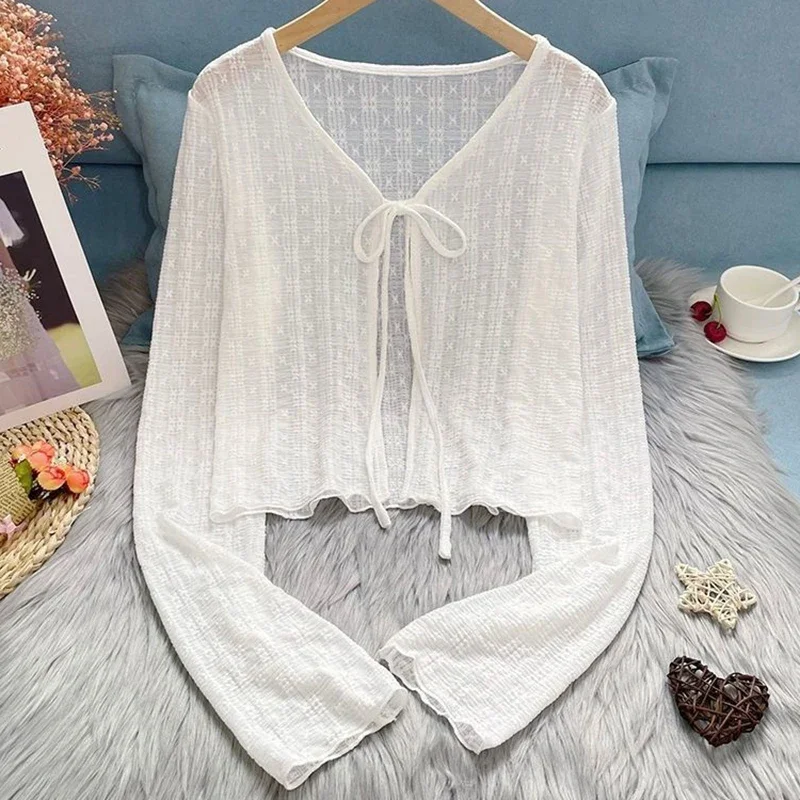 2024 White Tie Up Summer Cardigan Women Sexy Long Sleeve Sheer Mesh Crop Tops Woman Chic All Match Short Printed T Shirt Mujer