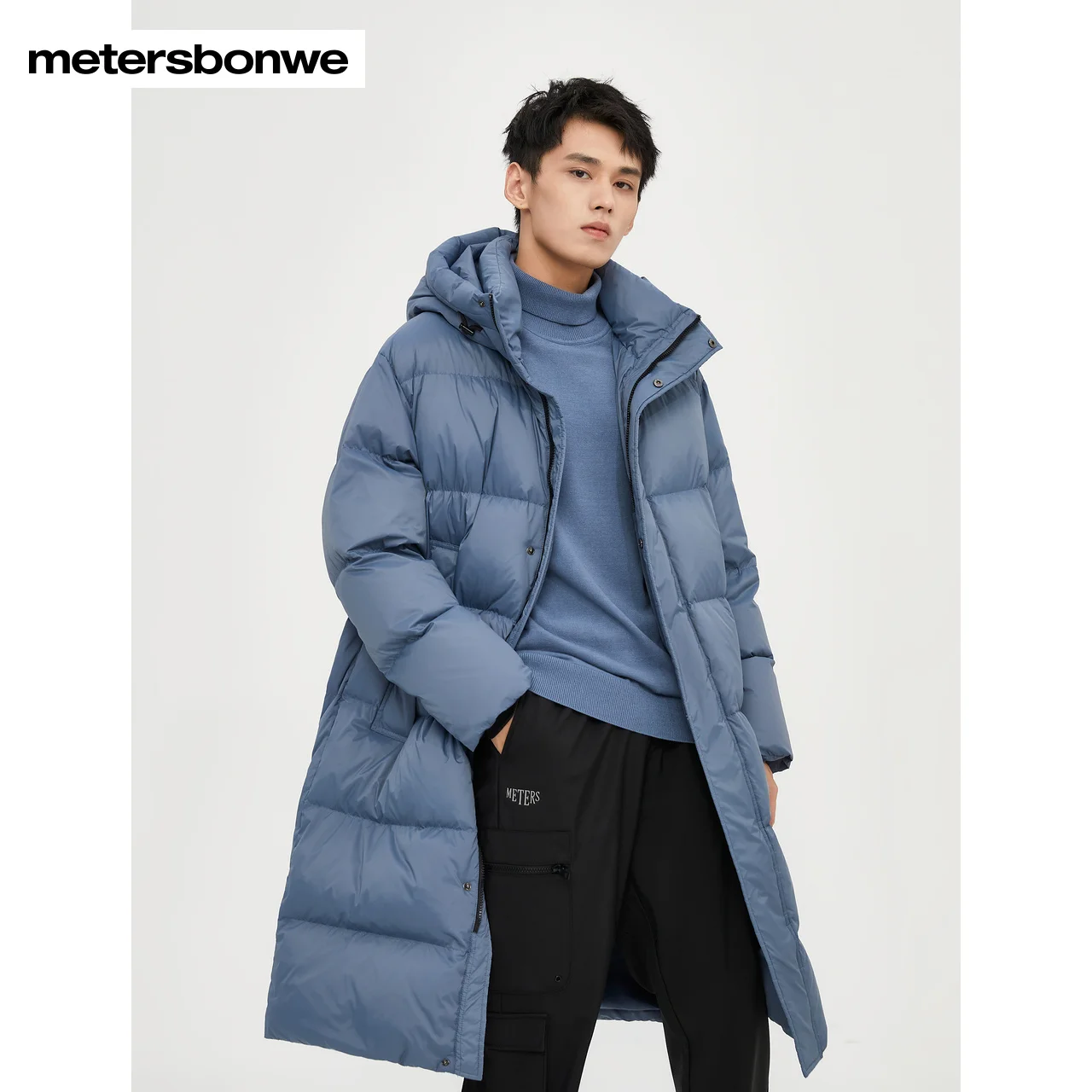 Metersbonwe-Men's Long Hooded Down Jacket, Monochromatic, 80%DuckDown, Ultralight Warm Wear,Loose Straight Down Outwear, Winter