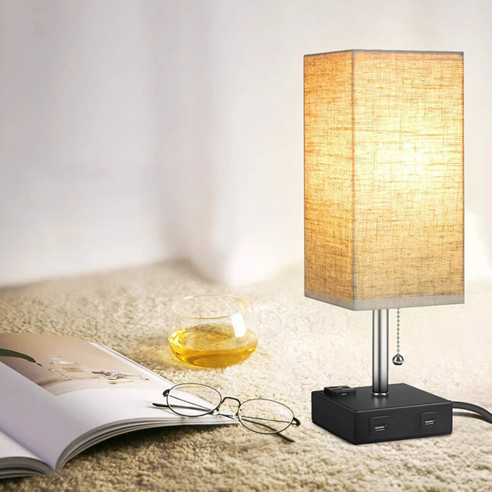 

Bedside Table Lamp Dual USB Ports 3-Prong Outlet Fabric Lampshade Table Lamp for Bedroom Living Room Home Decor