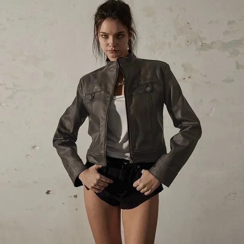 

Lygens Slim Leather Long Sve Zipper Metal Button Slim Jac Women's Hoodies Sweatirts Faionable Streetwear