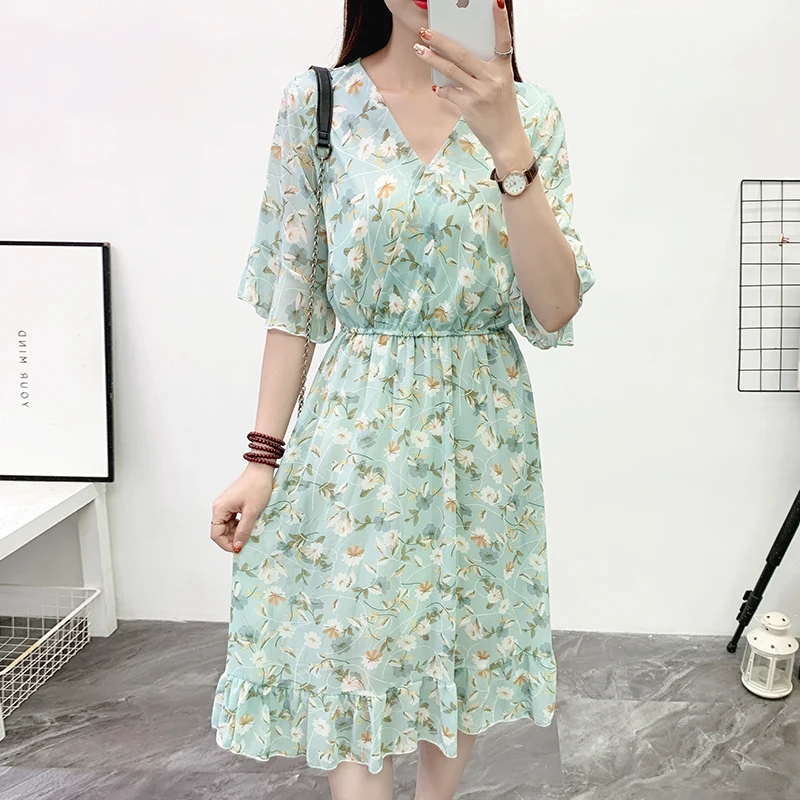 Boho Flower Chiffon Beach Dress Women Summer Short sleeved V-neck Casual Ruffle Midi Long Dress