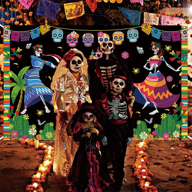 Mexico Day of Dead Background Skull Candle Dancer Dia De Los Muertos Dress-up Party Vinyl Photography Decoration Supplies Banner