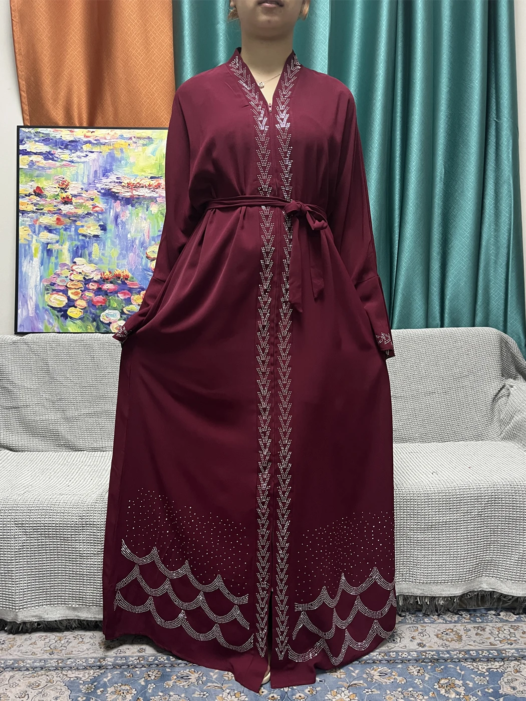 Open Abayas For Women Dubai Islam Muslim Zipper Diamond Inlaid Solid Color synthetic Royal Chiffon Loose Fit Robe With Headscarf