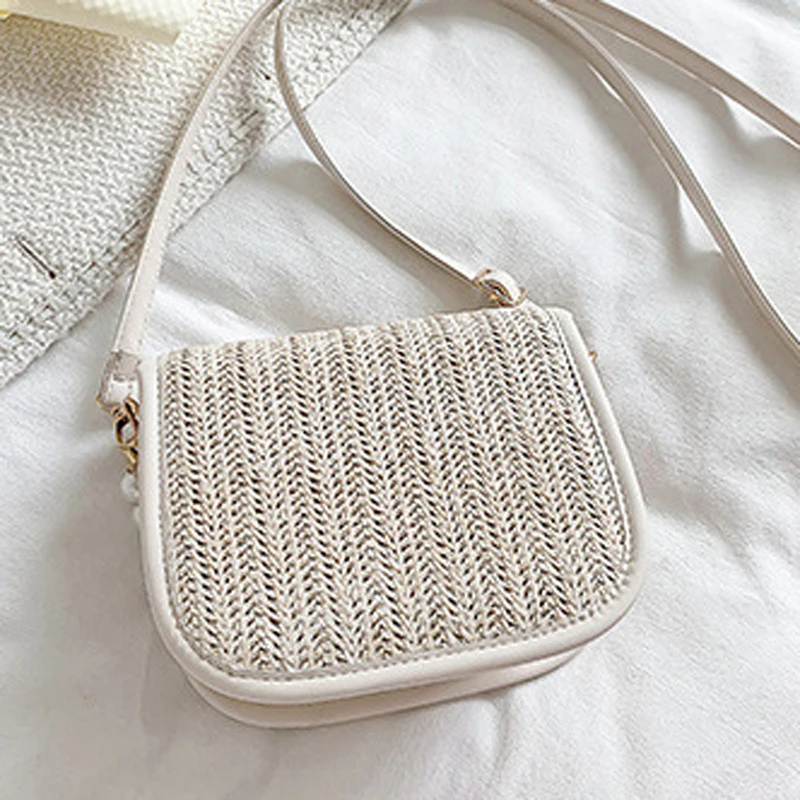 Women Fashion Straw Crossbody Bag Woven Square Neck Pearl Shoulder Bag with Detachable Shoulder Strap