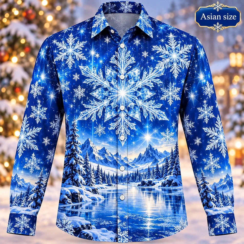 Christmas Crystal Snowflakes Long Sleeve Button Down Shirt for Men 3D Print Polyester Holiday Party Winter Casual Shirts