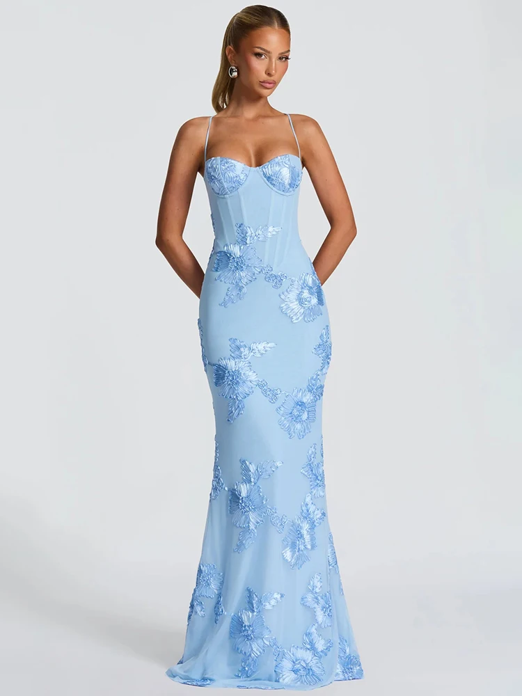 Mozision Spaghetti Strap Backless Sexy Maxi Dress Women Gown Floral Ribbon Applique Sleeveless Bodycon Evening Club Party Dress
