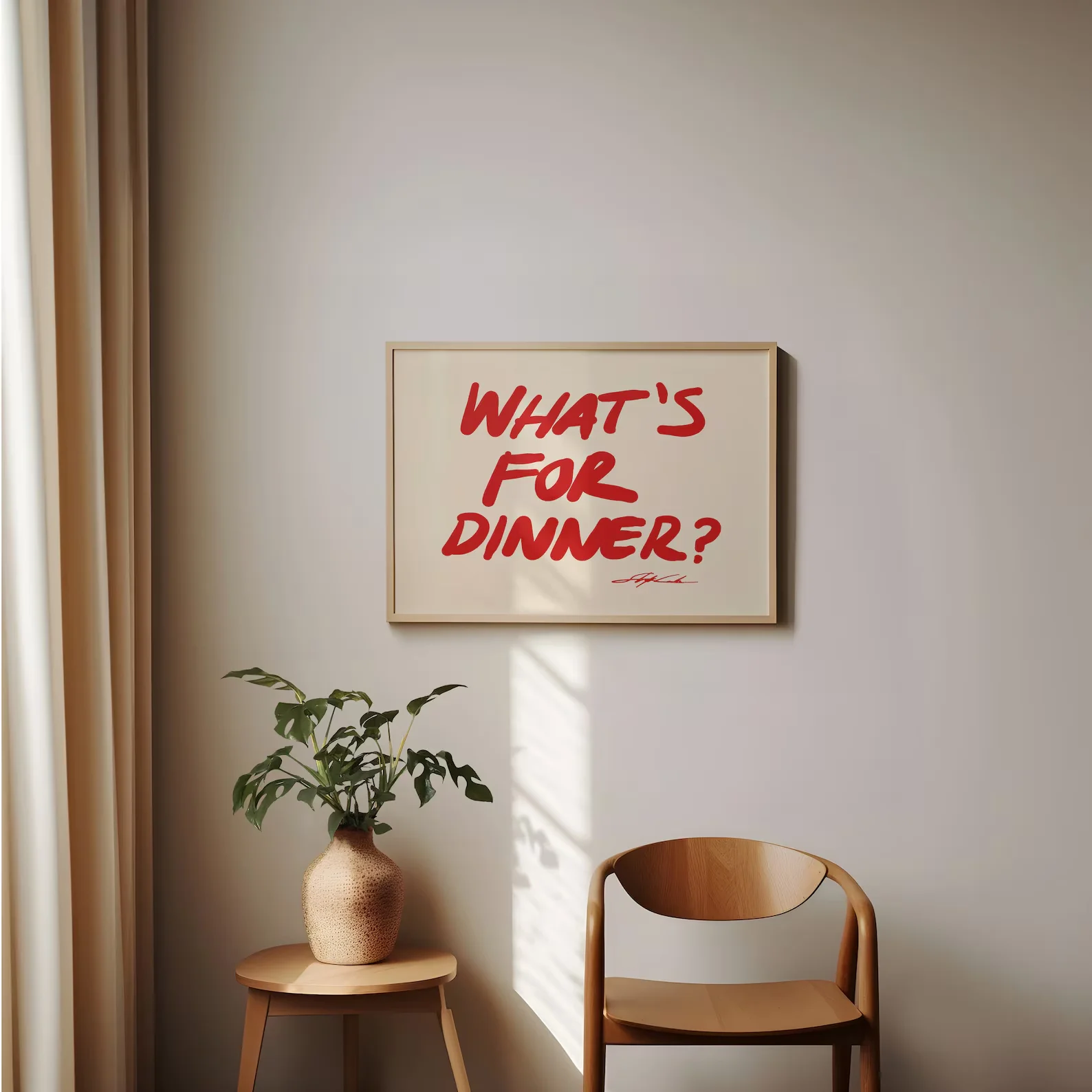 What's for Dinner Horizontal Wall Art Print, Red Print Bedroom Illustration, Whimsical Wall Decor for Home