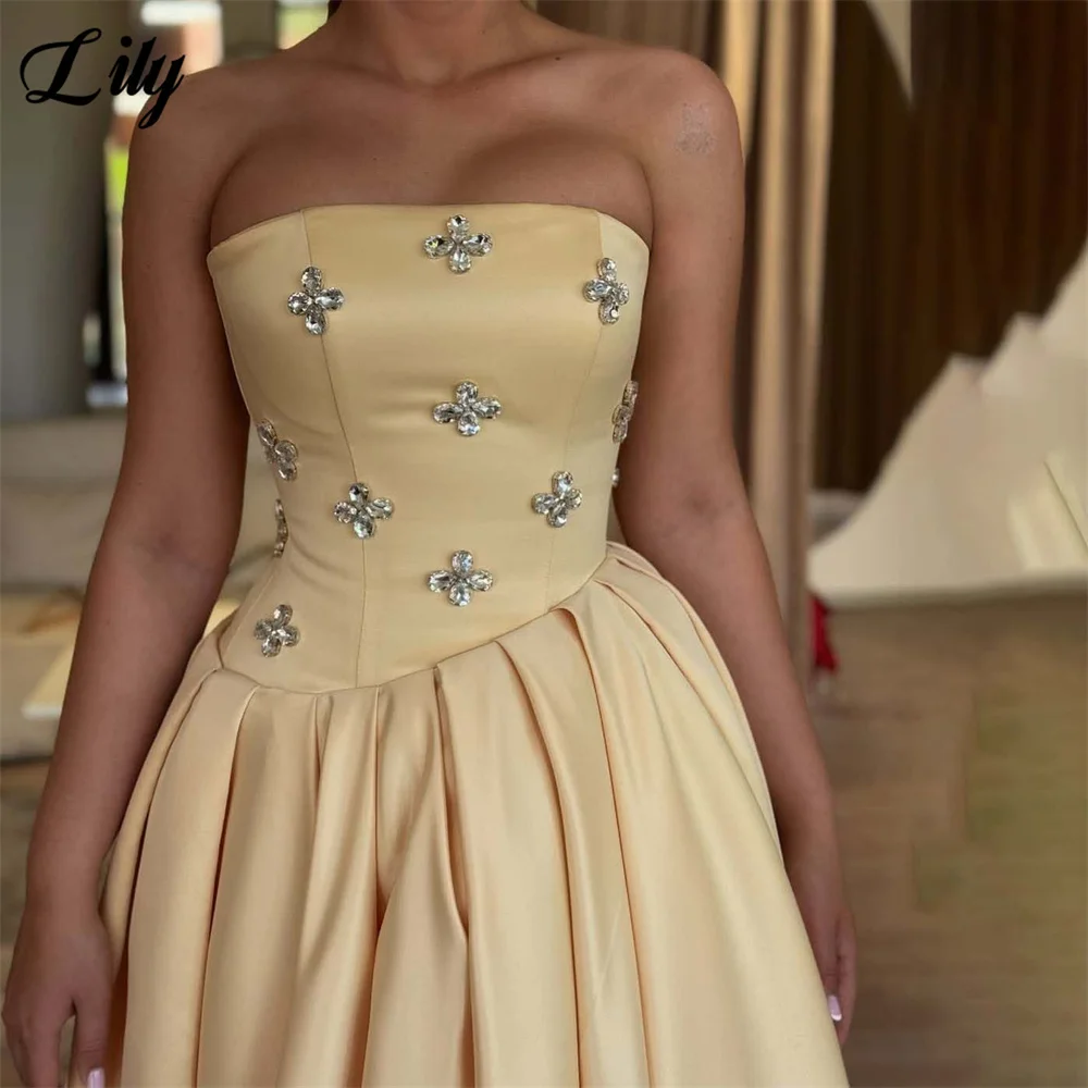 Lily Yellow Strapless Party Dress with Crystal Evening Dress Pleated Satin فستان سهرة Elegant Prom Gown for Women Customized