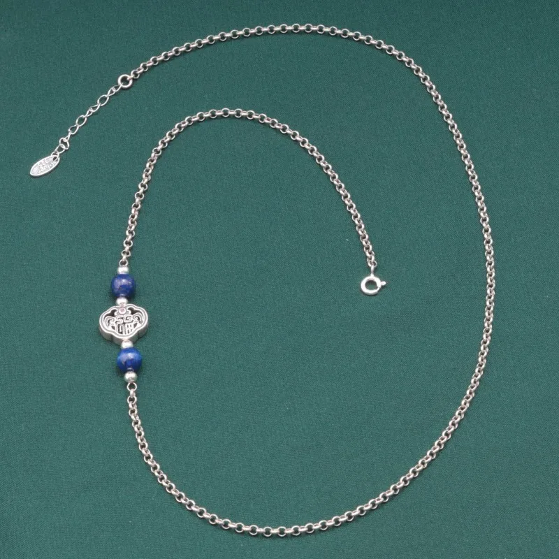 

925 Sterling Silver Auspicious Character Lucky Lock Chain Necklace Women Vintage Ethnic Lapis Lazuli Round Bead Choker XL084