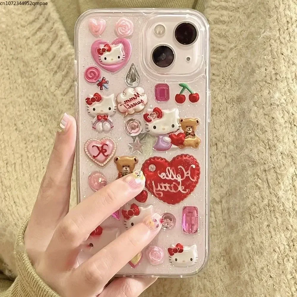 3D Sanrio Hello Kitty Sticker Glitter Phone Case for IPhone 16 11 12 13 14 15 Pro Max  Y2k Girl Anti-drop Soft Back Cover Gift image 2
