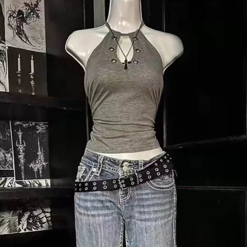 تي شيرت حريمي Y2K صيفي عتيق غير رسمي هاراجوكو حلو حار بدون أكمام جمالي بقصة ضيقة قطع علوية قصيرة 2000s ملابس بديلة