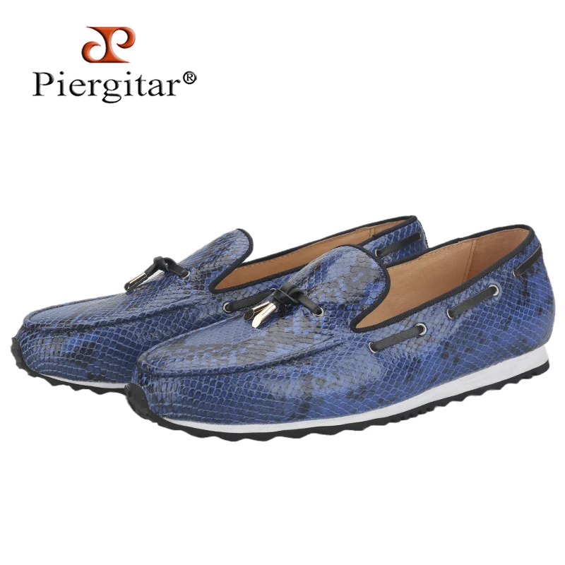 Piergitar Dandy Style Klein Blue Python Pattern Embossed Leather Men's Loafers With Metal Tassels Handcrafted Low-Top Shoes