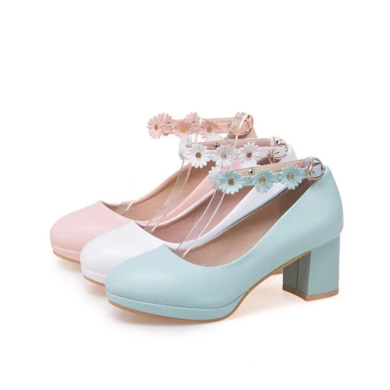 White Wedding Party Girls High Heels Pink Chunky High Heel Lolita Shoes Female Princess Flower Ankle Buckle Women Pumps 30-43
