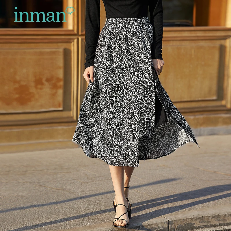 

INMAN Spring Summer Women's Skirt A-line Slit Pastoral Floral Print Long Skirts Elegant Skirt Sweet Woman Clothes Korean Fashion