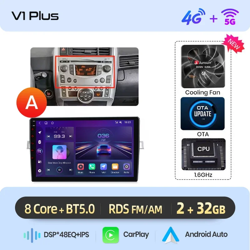 Junsun draadloze CarPlay Android Auto autoradio voor Toyota Verso (ZGR20/AUR20) 2009-2018 met ingebouwde koelventilator, Android GPS navigatie, multimediaspeler, WiFi, DSP, RDS, BT, SWC, IPS