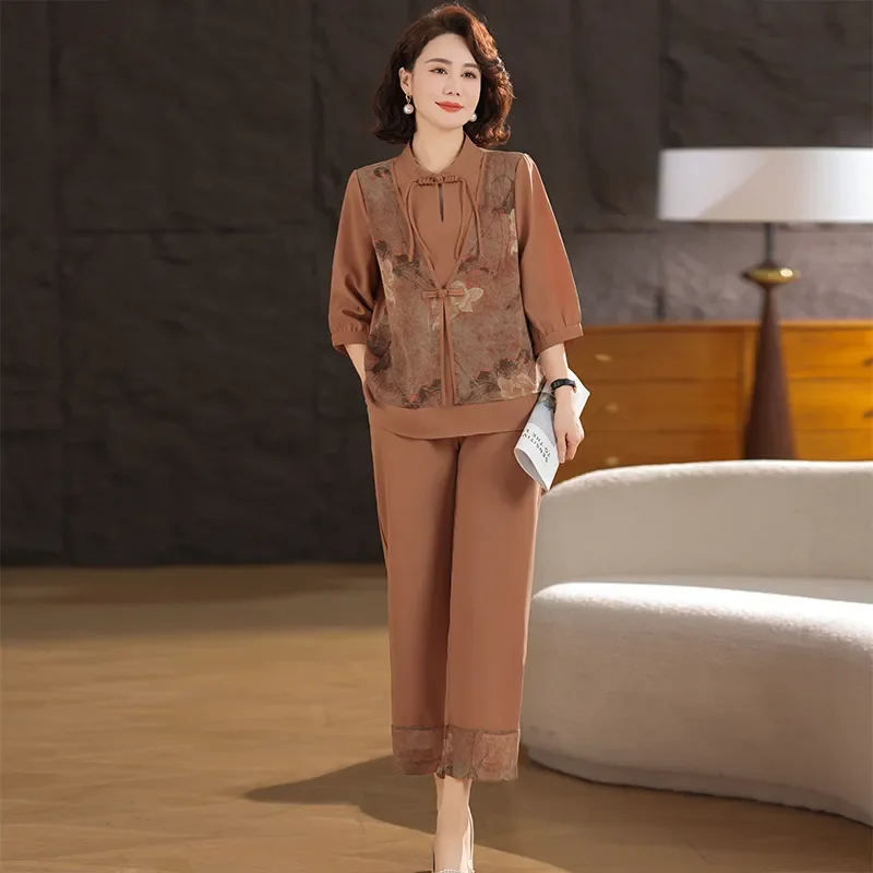 

Women's Chinese Style 2-Piece Set Floral Print Blouse with Wide-Leg Pants Casual Outfit for Middle-Aged