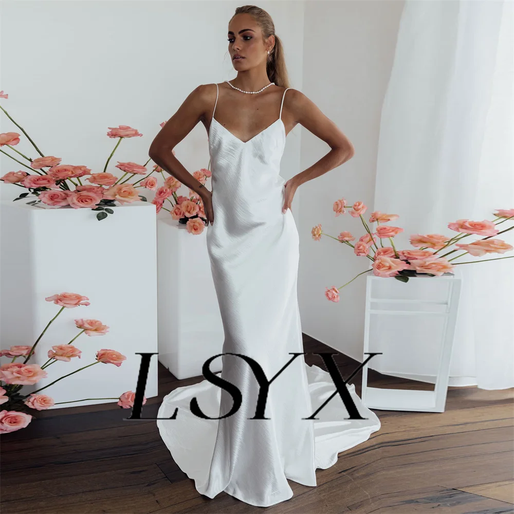 LSYX-Vestido de Noiva Sereia Sem Mangas, Decote Em V, Simples, Correias De Espaguete, Costas Abertas, Trem Tribunal, Até O Pavimento, Vestido De Noiva, Custom Made