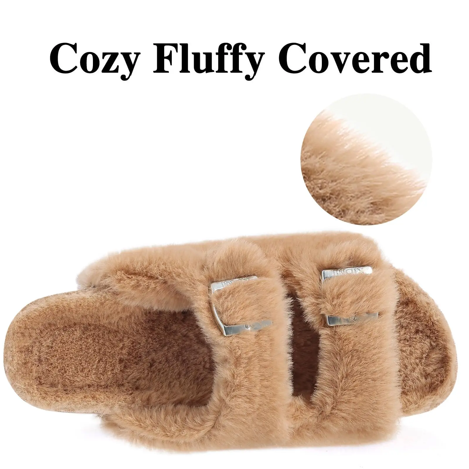 Smile Pop Women\'s Fuzzy Slippers Classic Fluffy Slide Sandals Cork Footbed Fur Slippers Indoor House Shoes Adjustable Buckles