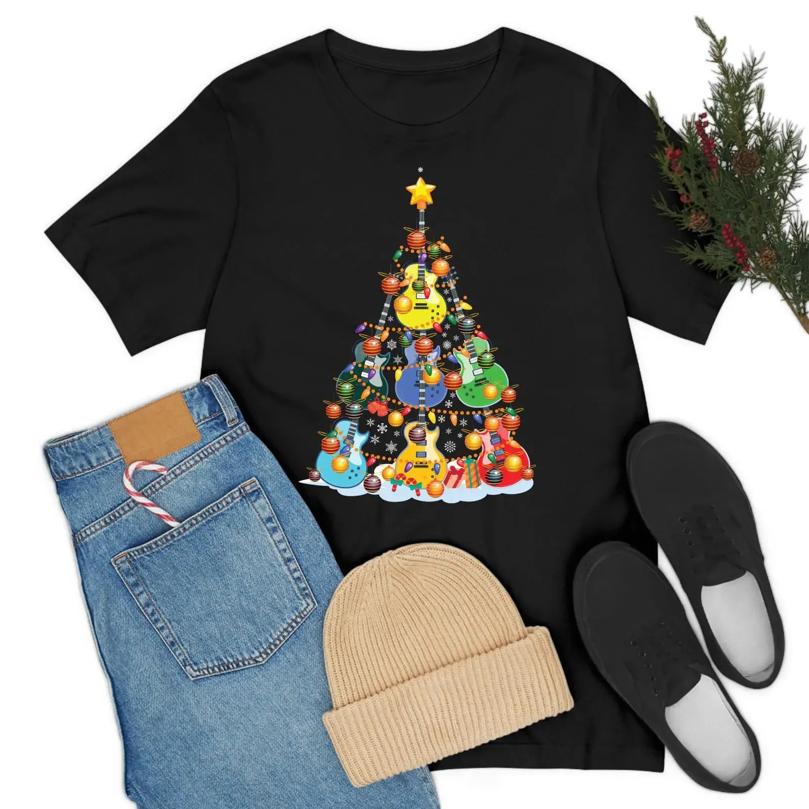 Cute Guitar Christmas Tree Music Stocking Stuffer Snow T Shirt For Kids vintage Washed Stretched graphic Versatile Stylish