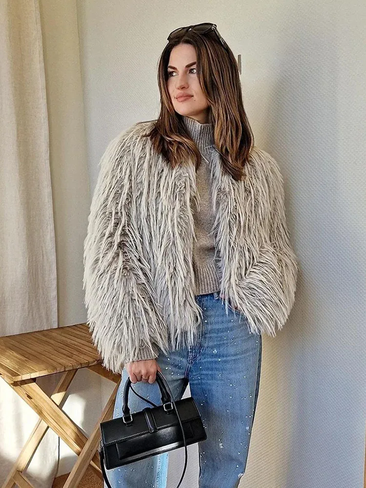 Hh moda feminina sólida o-pescoço manga longa imitação natural casaco de pele inverno feminino bolsos quentes casual solto outwear jaqueta