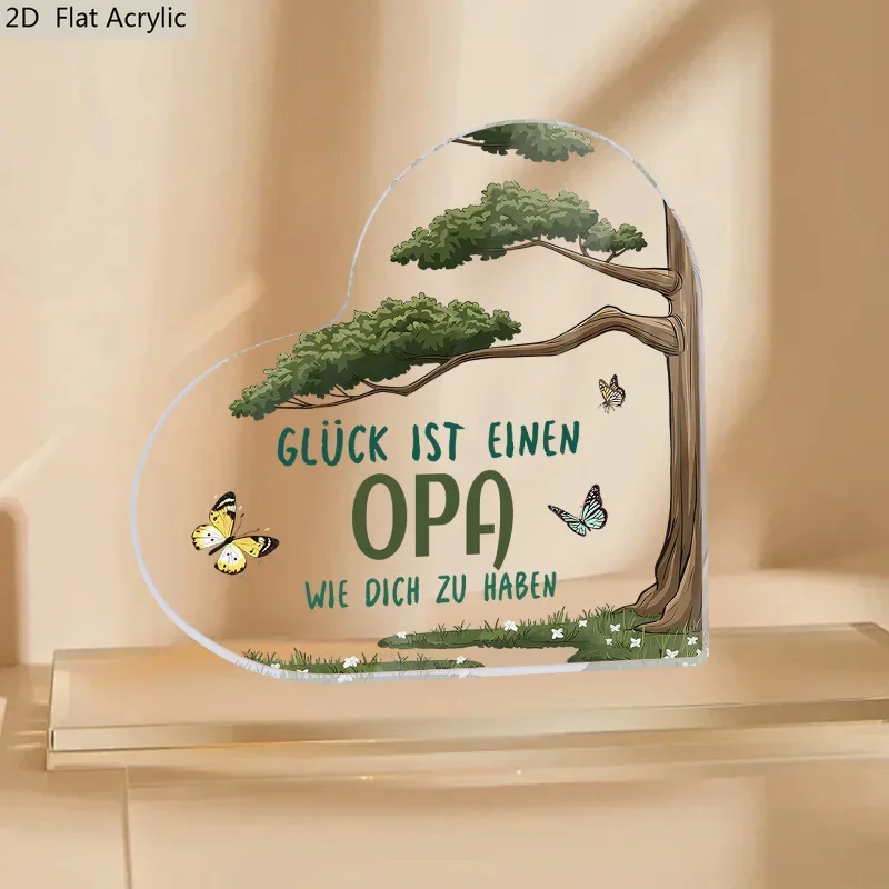 Happiness Is Having a Grandpa Like You Heart‑Shaped Acrylic Tabletop Plaque, Tree Butterfly Grandpa German Quote Desk Decor