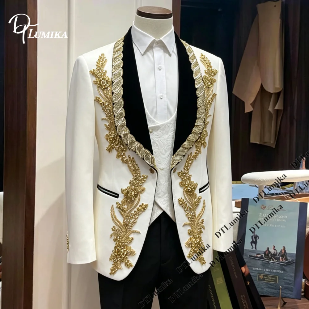 DTLumika Luxurious Groom Suit for Wedding Gold Handmade Floral Beaded Men Three Piece Tuxedo Jacket Vest Pants Premium Suits