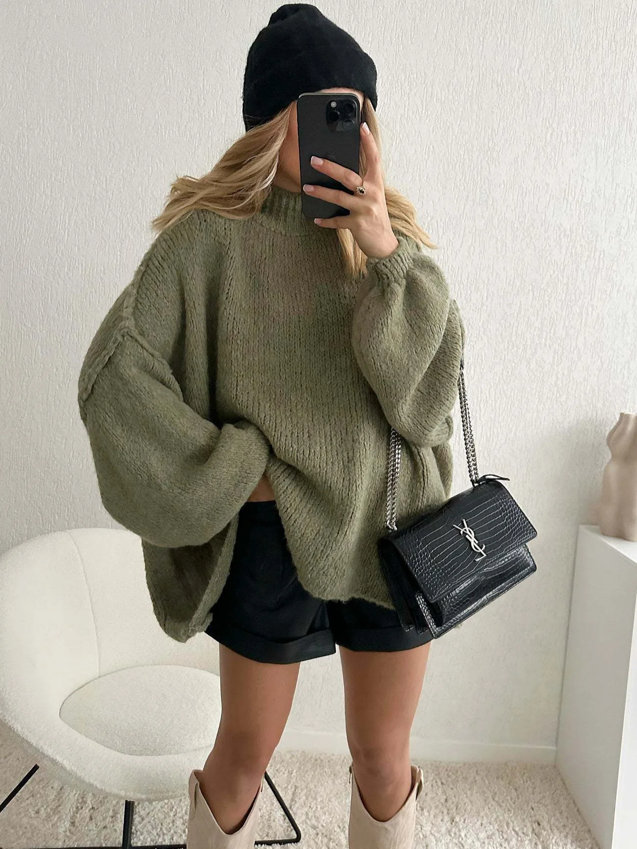 

Autumn Winter Loose Half High Neck Commuter Style Faux Reverse Knitted Sweater Solid Color Women's Crew Neck Pullover Jumpers