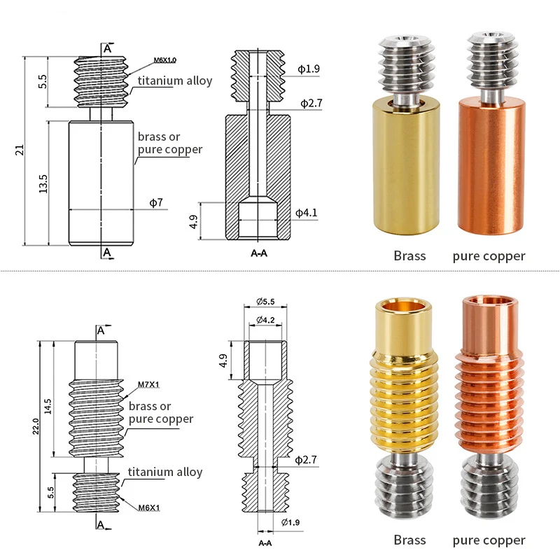 Tubos de alimentación de aleación de titanio para impresora 3D, filamento de 1,75mm, E3D V6, rotura de calor de garganta, piezas de garganta Hotend