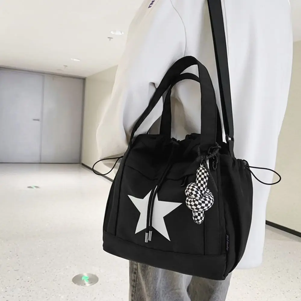 Nylon Large Capacity Shoulder Bag Korean Style Five-pointed Star Y2K Crossbody Bag Drawstring Handbag Star Tote Bag Outdoor